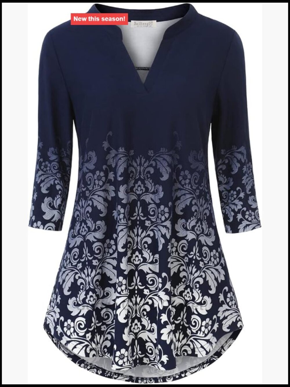 3/4 Sleeve Loose Fit V Neck Floral Tunic Top